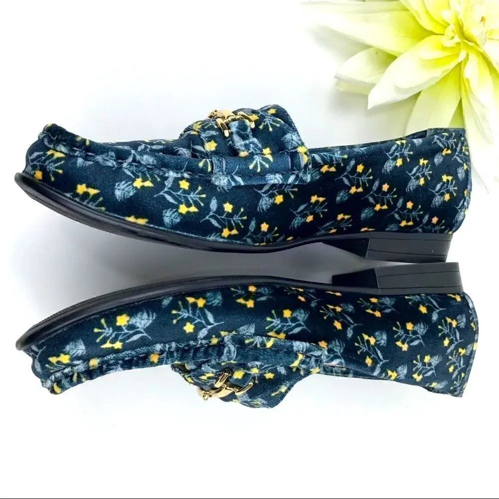 Cabi Carnaby Blue Velvet Floral Slip On Penny Loafer